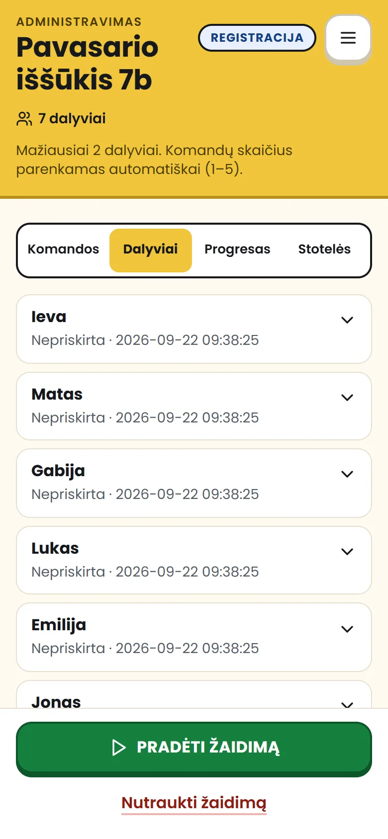 Organizatoriaus pultas registracijos metu
