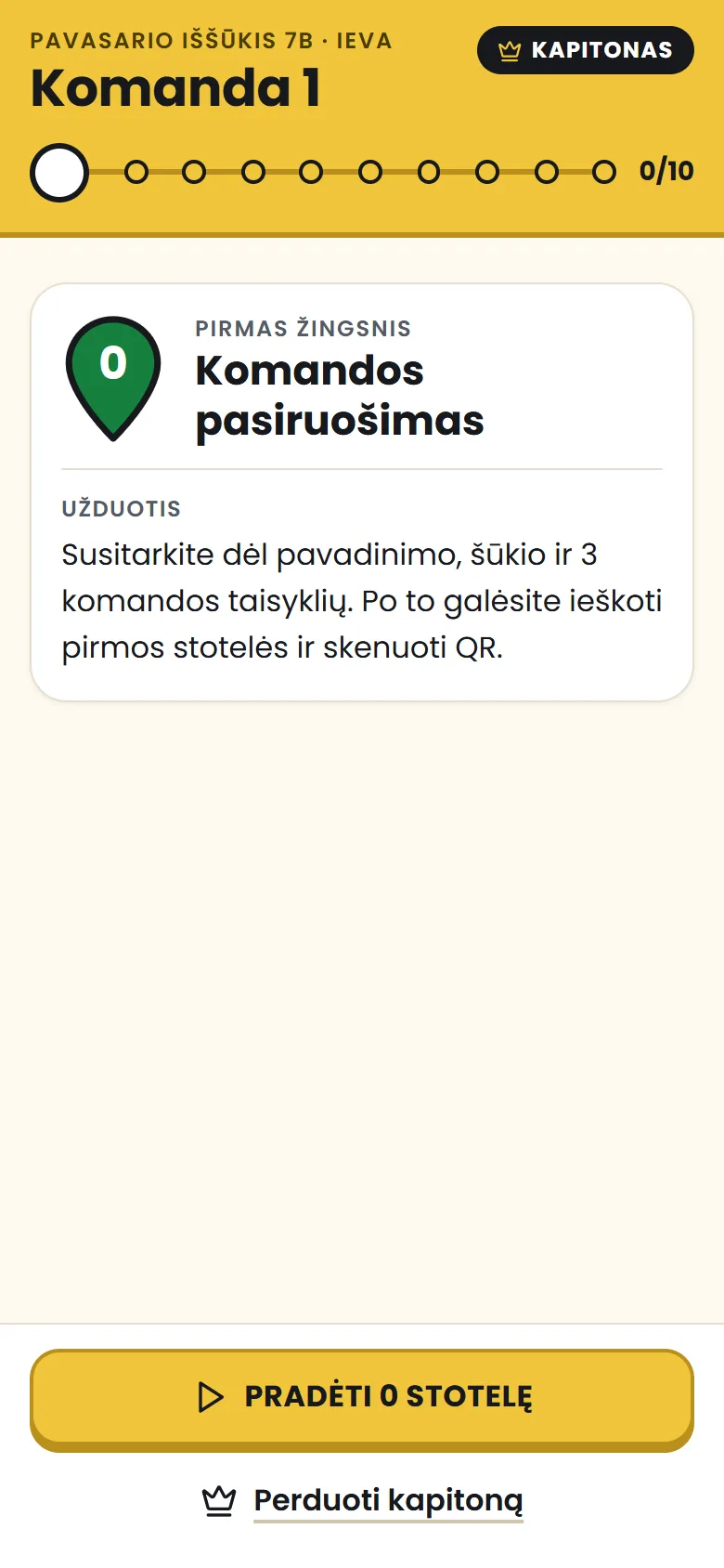 Komandos pasiruošimo (0 stotelės) ekranas