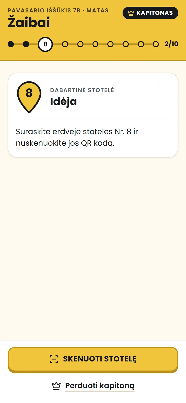 Dabartinės stotelės ekranas su mygtuku Skenuoti stotelę